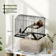 PawHut Three-Tier Gerbil Cage, Hamster Cage For Dwarf Hamster, Syrian Hamster W/ Wheels, Deep Bottom, Food Dish, Water Bottle