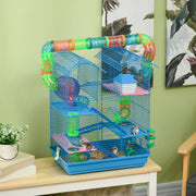 PawHut Hamster Cage, 5 Tier Carrier Habitat With Exercise Wheels, Tunnel Tube, Water Bottle, Dishes, House Ladder, Gerbil Cage For Dwarf Mice, (Blue)
