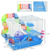 Pawhut 2 Tier Hamster Cage, Gerbil Cage With Handle, Exercise Wheels, Tunnel, Tube, Water Bottle, Dishes, Ladder, For Dwarf, Blue