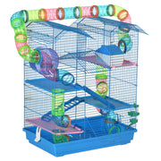 PawHut Hamster Cage, 5 Tier Carrier Habitat With Exercise Wheels, Tunnel Tube, Water Bottle, Dishes, House Ladder, Gerbil Cage For Dwarf Mice, (Blue)