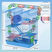 PawHut Hamster Cage, 5 Tier Carrier Habitat With Exercise Wheels, Tunnel Tube, Water Bottle, Dishes, House Ladder, Gerbil Cage For Dwarf Mice, (Blue)
